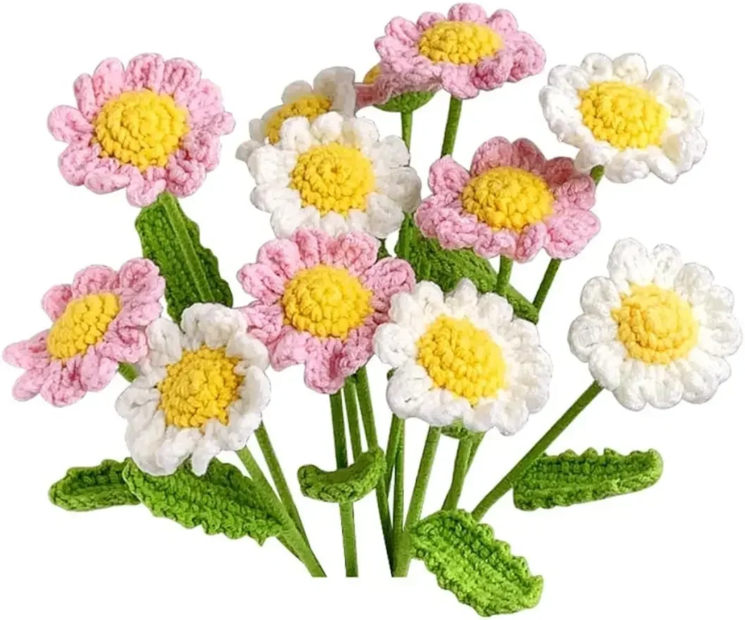 3pcs  Knitted Daisy Bouquet Decoration Yarn Fake Daisy Pink White Artificial Flowers for Table Centerpiece Party Flower Supplies