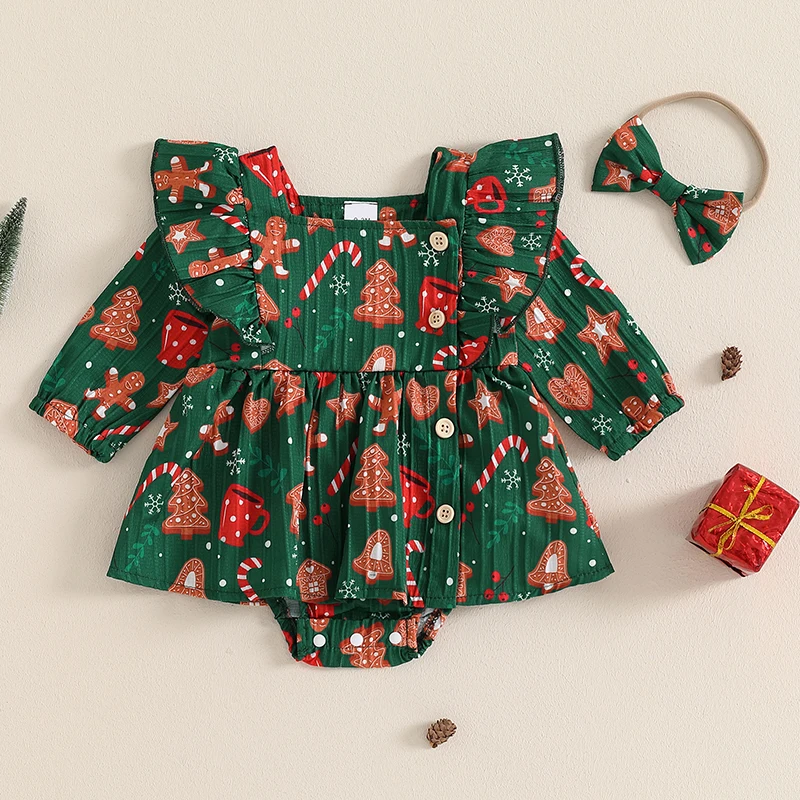 

Suefunskry Baby Girls Christmas Romper Dress Christmas Tree Gingerbread Print Skirt Hem Ruffled Jumpsuit with Headband