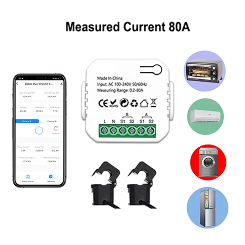 AC56-Zigbee 2 Channel Energy Meter Bidirectional With Current Sensor Tuya Smart Monitor Power 80A 110V/240V Gateway Required