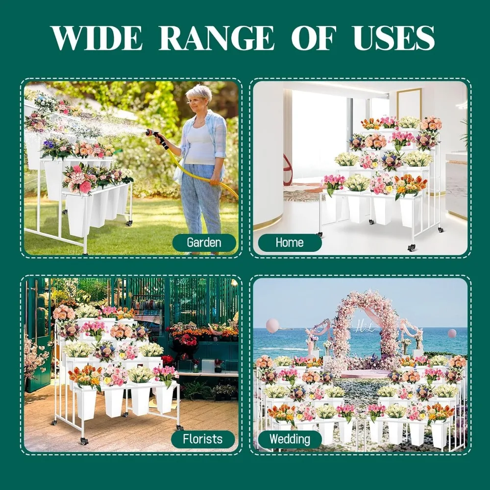 Flower Display Stand with 16 Buckets,4 Layer Plant Stands with Wheels Stand,Heavy Duty Plant Cart Shelf for Indoor Outdoor