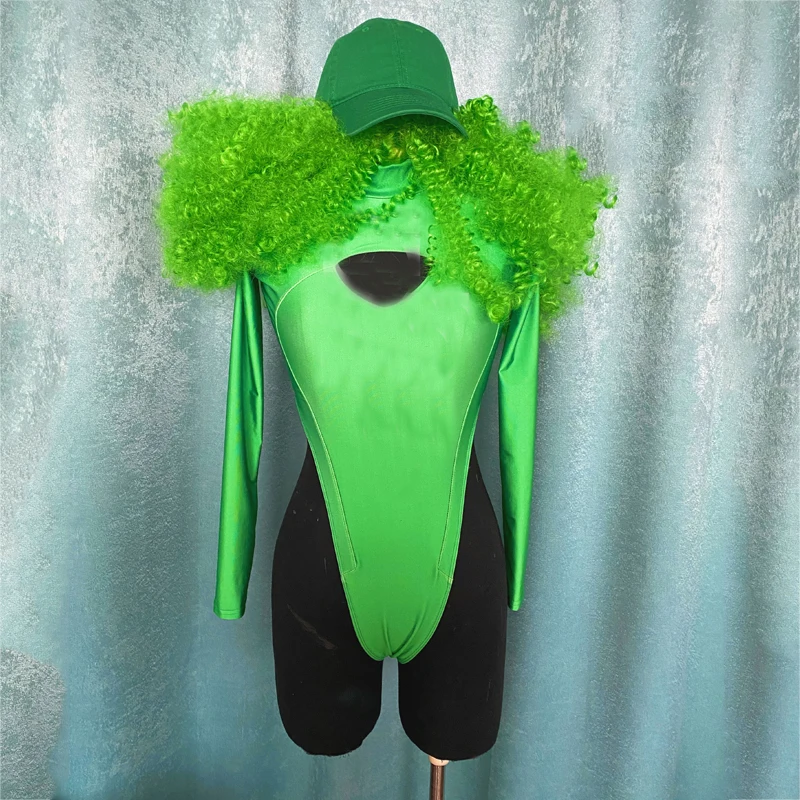 

Sexy Pole Dance Clothing Gogo Dancer Costume Women Green High Fork Bodysuit Wigs Hat Nightclub Bar Dj Festival Outfit XS3669