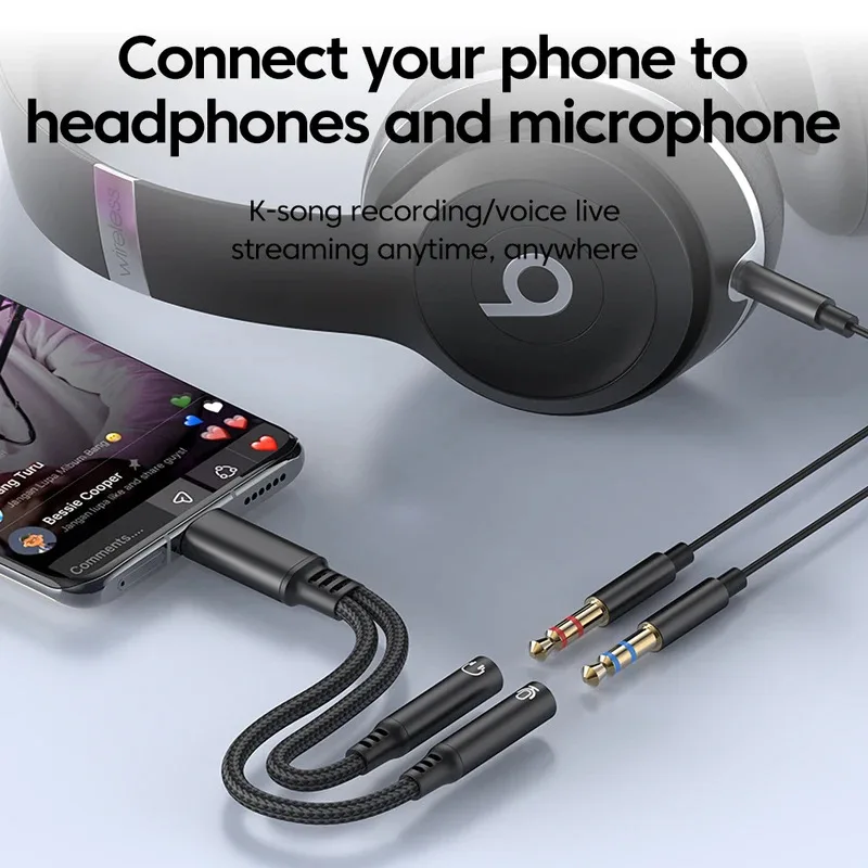 

2 в 1 Type-C на двойной 3,5 мм адаптер для наушников, аудио Aux, интерфейс звуковой карты, адаптер для наушников, микрофона для IPhone15 16