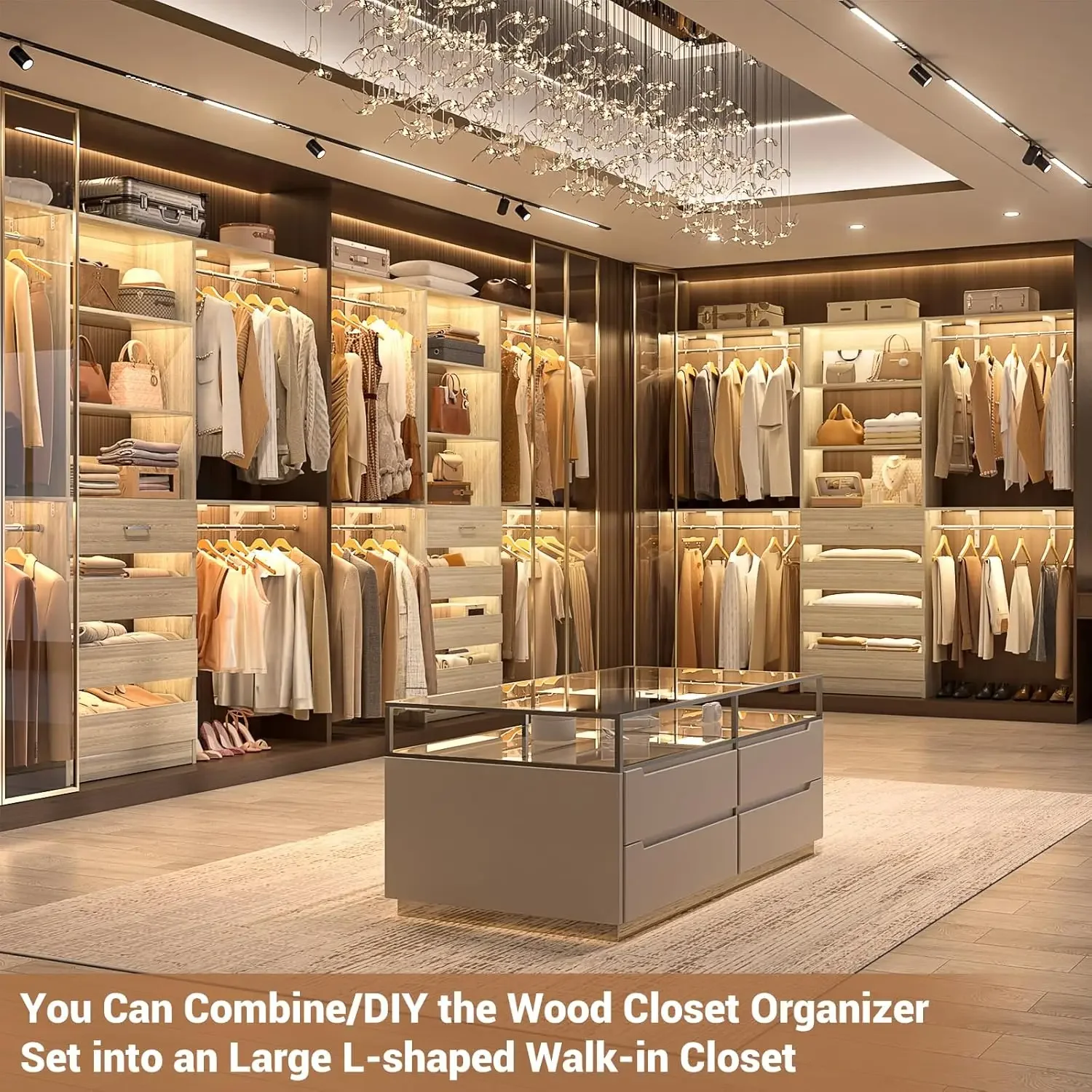 XMSJ*Closet System with 4 Drawers, 8FT Wood Closet Organizer System, 96’’ Built In System Tower with Shelves, Walk-in