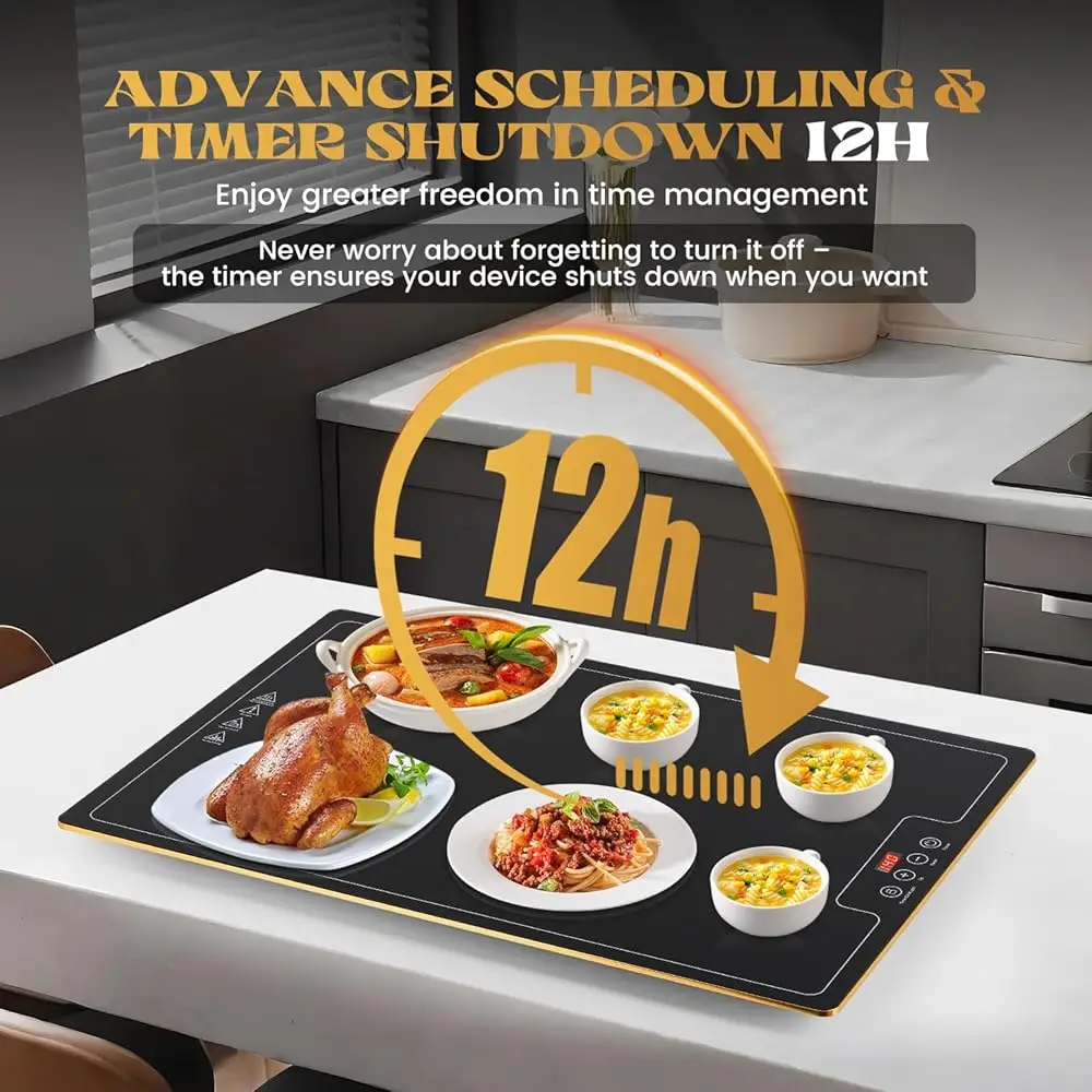 104℉-284℉ Electric Warming Tray Temperature Adjustable Food Warming Mat With Even Heated Glass Surface, 6 Preset Modes & Timer