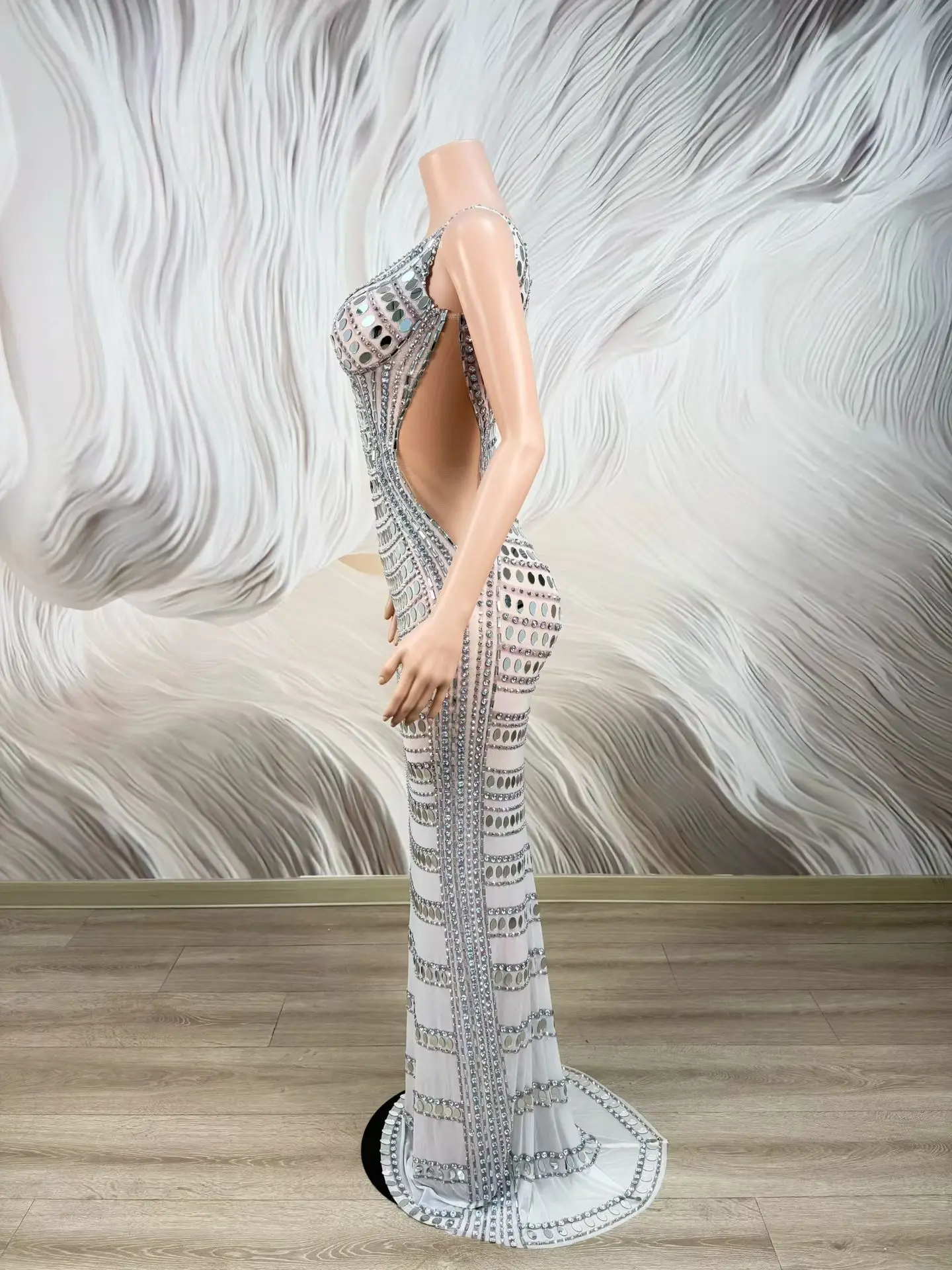 Women Silver Striped Mirror Spaghetti Strap Mermaid Dress Deep V See Through Mesh  Bodycon Dress Prom Sexy Evening Gown Shuimian