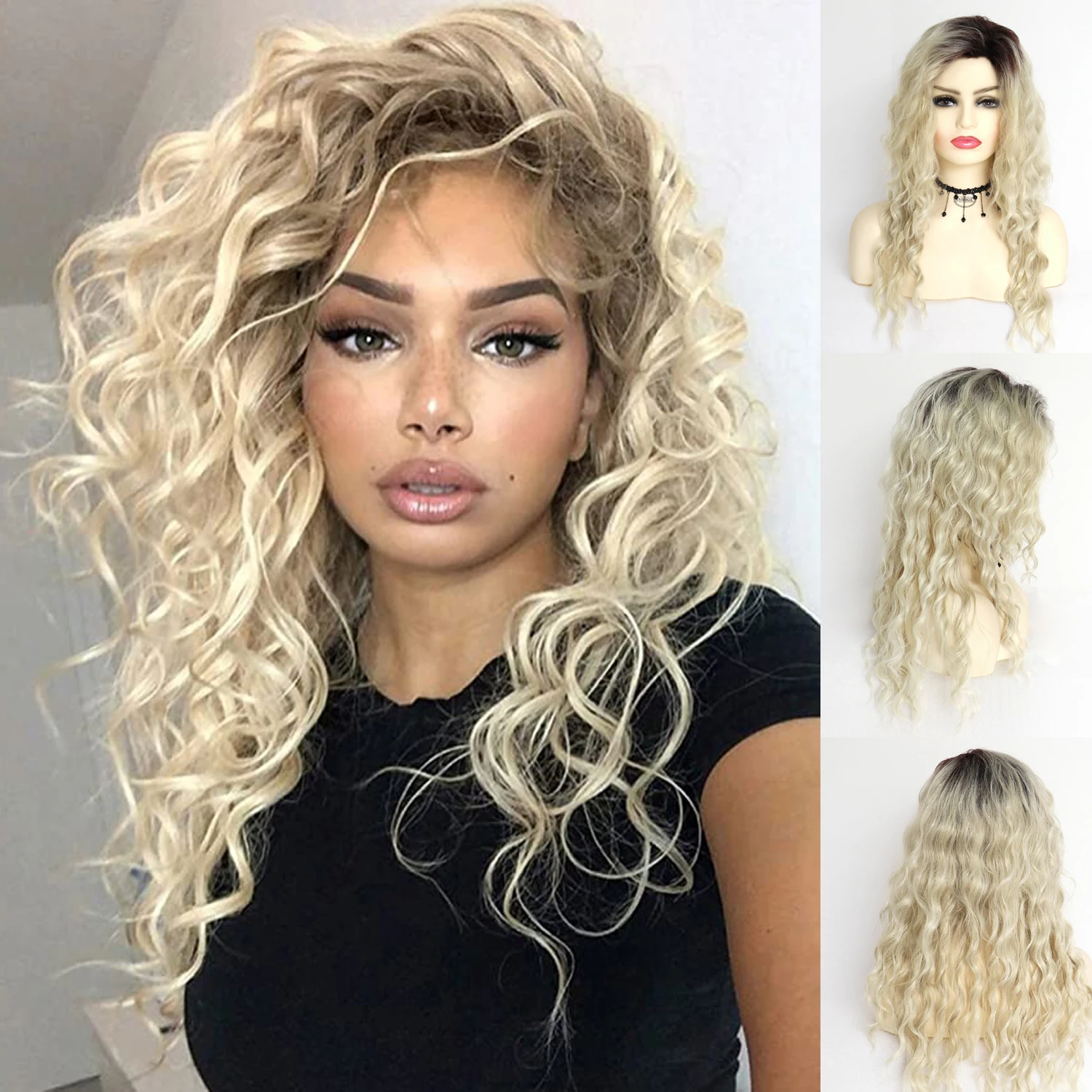 

GNIMEGIL Long Curly Blonde Wigs for Women Synthetic Ombre Wig with Bangs Costume Wig for Girls Sexy Blond Wigs with Black Roots