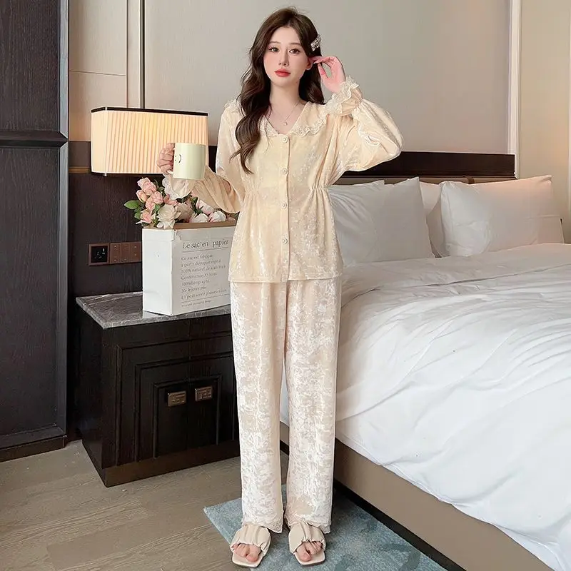 Can Worn Outside The Home Clothes Large Size Slimming Pyjamas Korean Version of Gold Diamond Velvet Sweet Princess Wind Two Sets