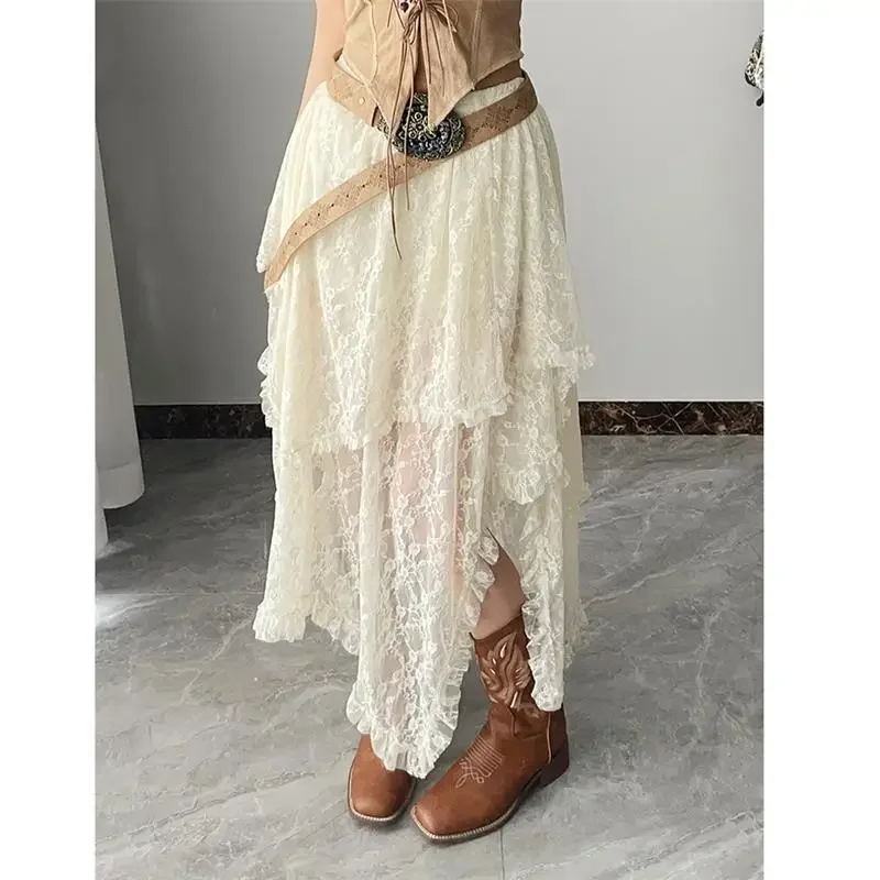 Chic Irregular A-line Skirts 2024 Fashion Holiday Skirts for Women Vintage Ruffles Floral Kintted Lace Streetwear Faldas Mujer