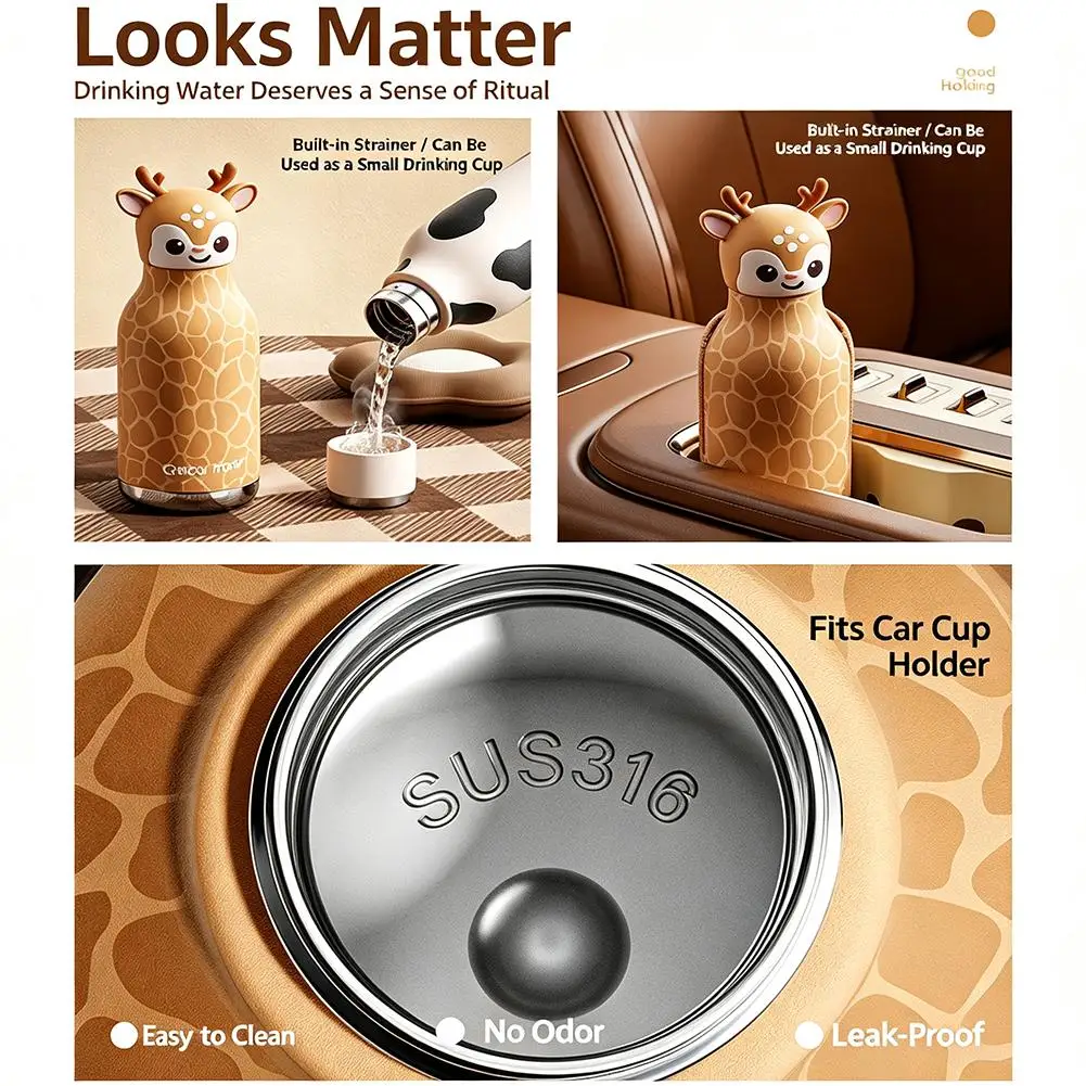 480ml Cute Animal Stainless Steel Insulated Water Bottle Leakproof Vacuum Flask Cartoon Giraffe Panda Cow Interchangeable Lid