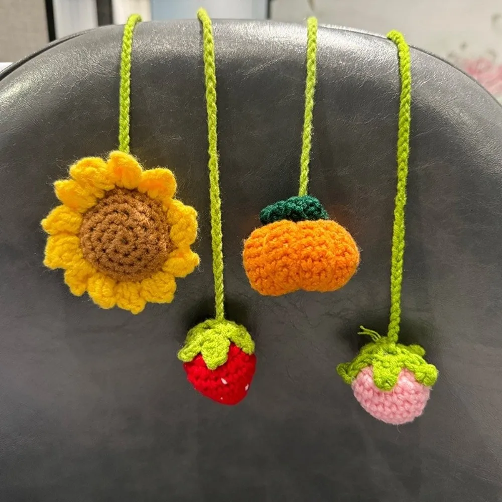 Wool Woven Crochet Curtain Tie Back Handmade Strawberry/Sunflower Crochet Pendant Floral Design Cute Rearview Mirror Pendant