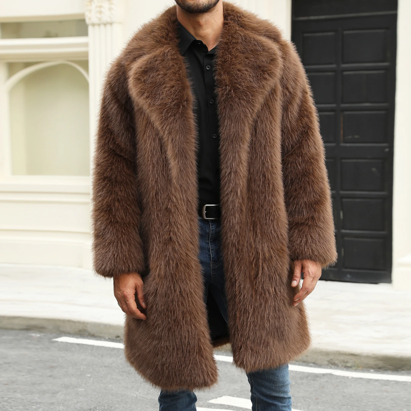 

Luxury Men’s Faux Fur Coat Winter Warm Long Sleeve Lapel Collar Open Front Jacket Overcoat Outwear