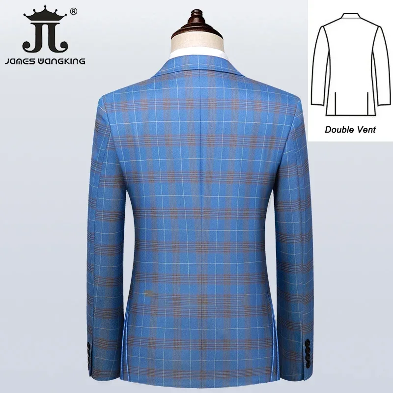 S-5XL Blazer Vest Pants Luxury High-end Brand Men\'s Slim Formal Business Blue Plaid Suit 3piece Groom Wedding Dress Party Tuxedo