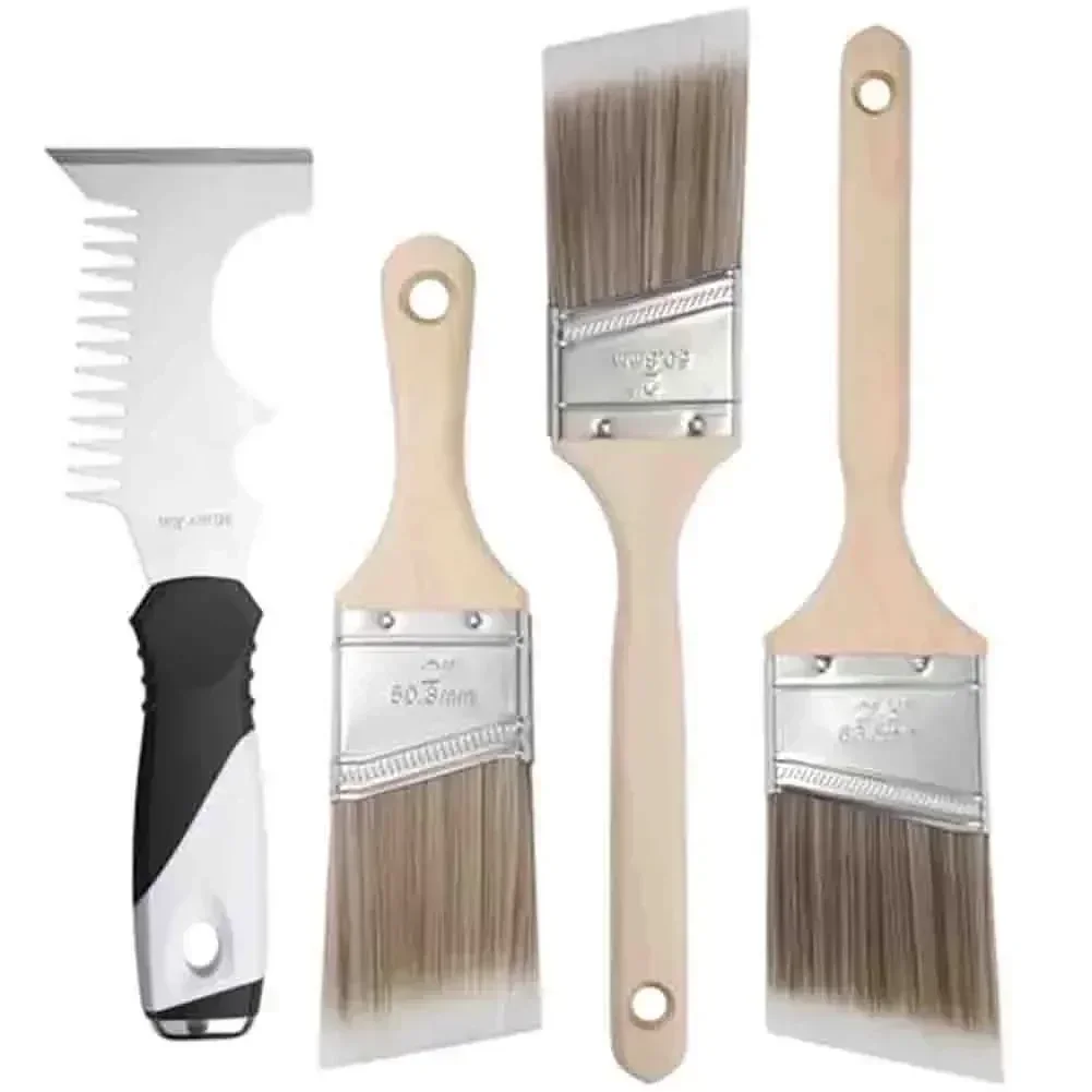 

Paintbrush Set 4in1 with Cleaning Comb Includes Angled Brush for Detailed Work and Flat Brushes for Larger Areas