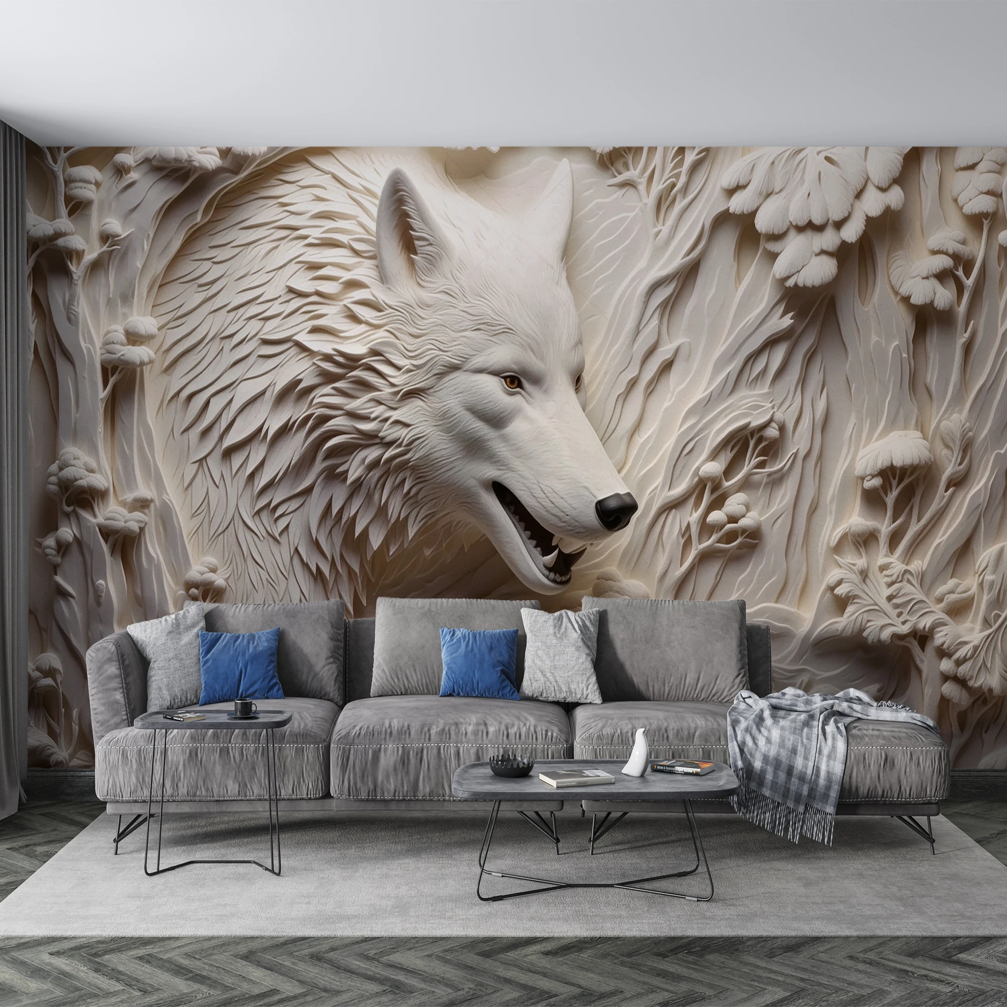 Custom 3D Relief White Wolf Forest Mural Embossed Sculpture Wallpaper Wild Animal Wall Mural for Living Room Home Decor