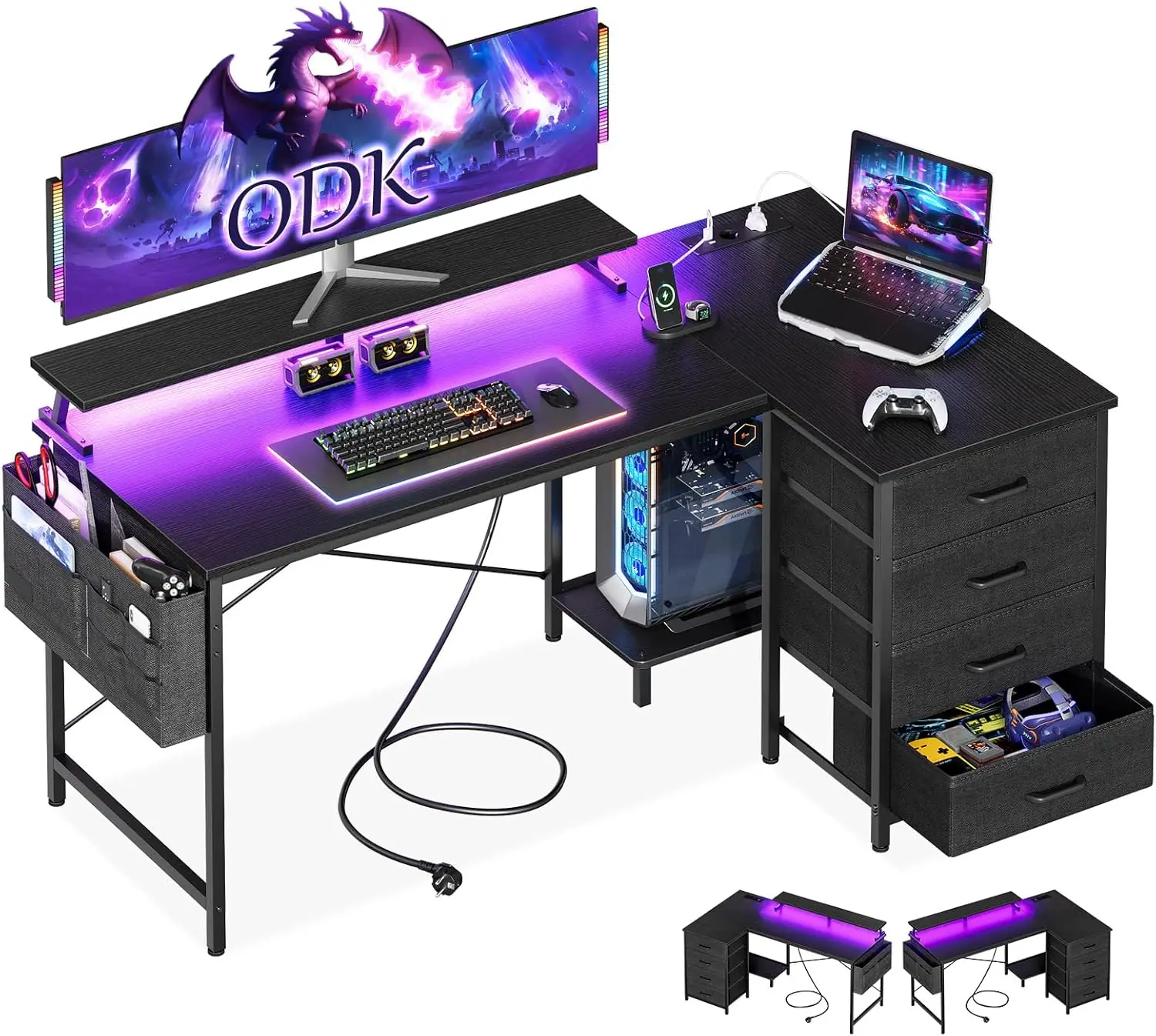 Bureau d'angle Coleshome avec 4 tiroirs en tissu, 2 prises et 2 ports de charge USB, 140x80cm, Noir