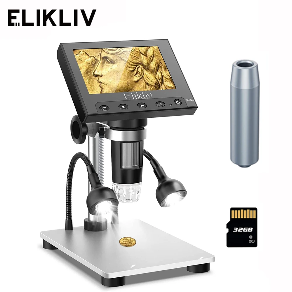 

Elikliv EDM4S 4.3 Inch 1080P LCD Digital Microscope 50X-1000X PCB Electronics Soldering Microscopes With 2 Fill LED Metal Base