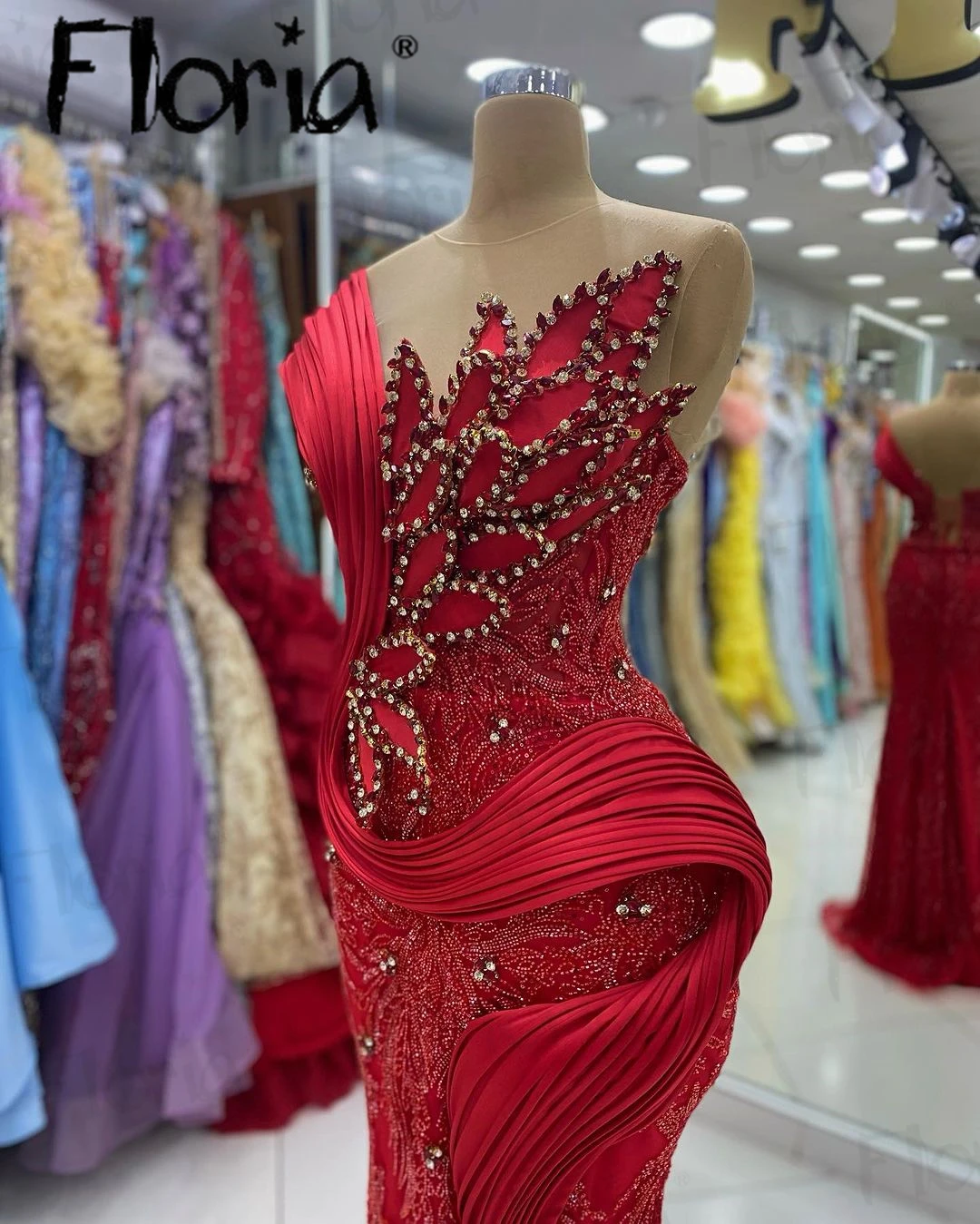 Customized Dubai Fashion Red Evening Dress Glitter Mermaid Pleated Crystals Prom Gown Engagement Party Dress Robe Soirée Female