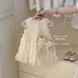 Girls Dress Summer New Korean Fashion Solid Color Cute Sweet Lace Princess Dress Trendy Kids Clothes