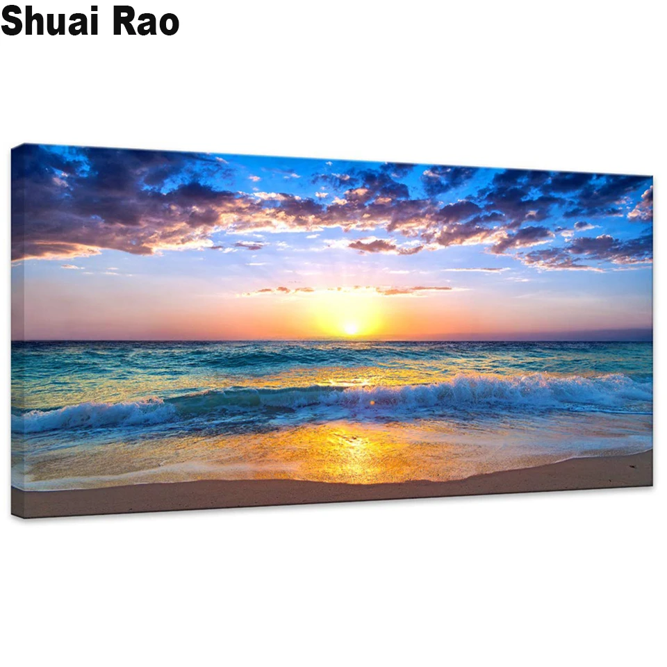 Immagine di mosaico di grandi dimensioni di strass ricamo Blue Ocean Waves Sun Seascape 5D pittura diamante fai da te trapano completo quadrato