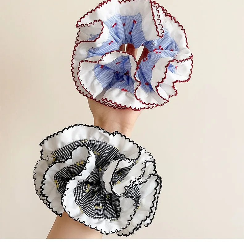 

Double-layer oversized red and blue splicing girl's hair band industry ballet style large intestine hair band French sweet lace