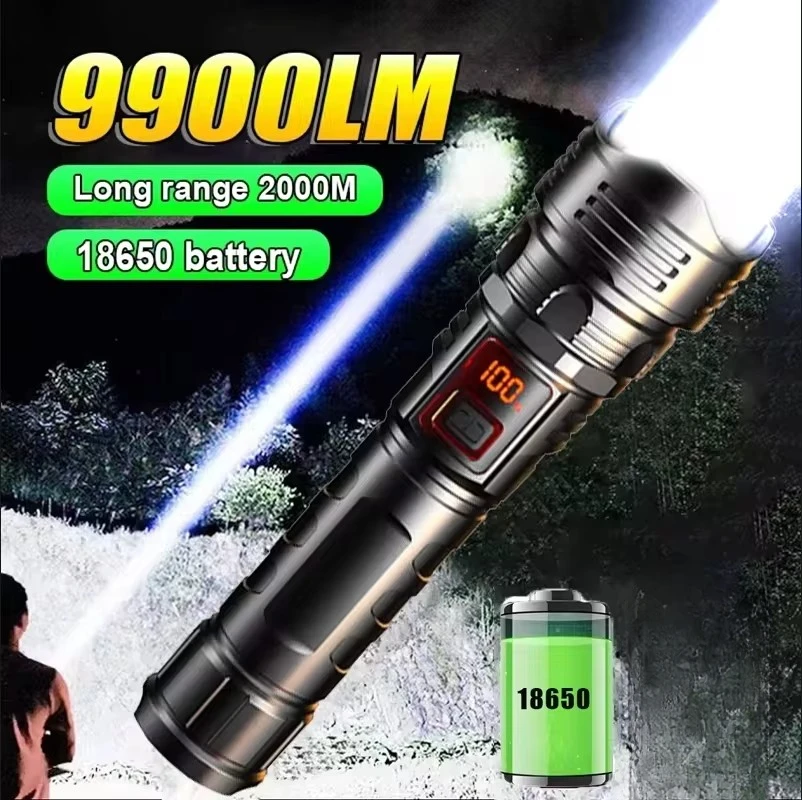 Ultra Bright LED Portable Flashlight Telescopic Zoom Tactical Torch USB Rechargeable with Power Display Outdoor Long Range Torch