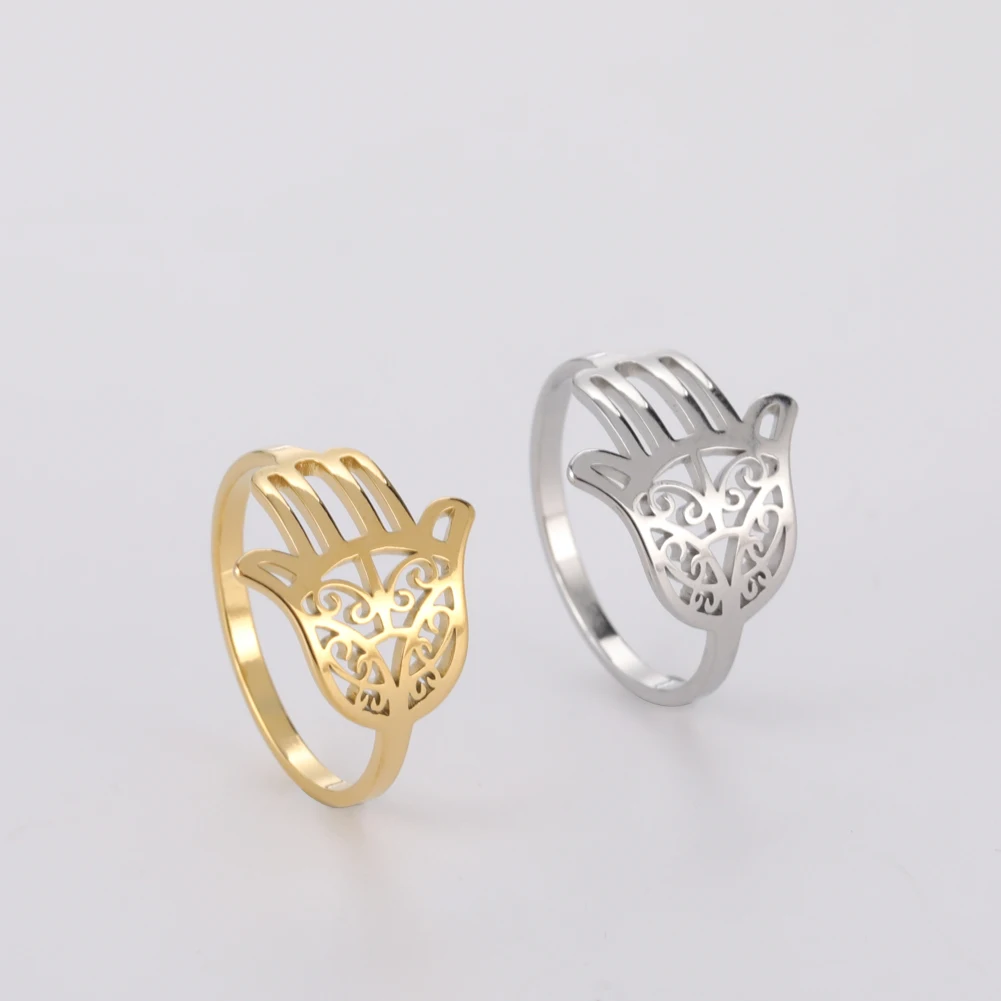 Kkjoy Damenringe, silberfarben, Hamsa, Hand der Fatima, Edelstahl, weibliche Persönlichkeit, hohler Schmuck, Accessoires, Mädchen-Geschenk – Detail 1