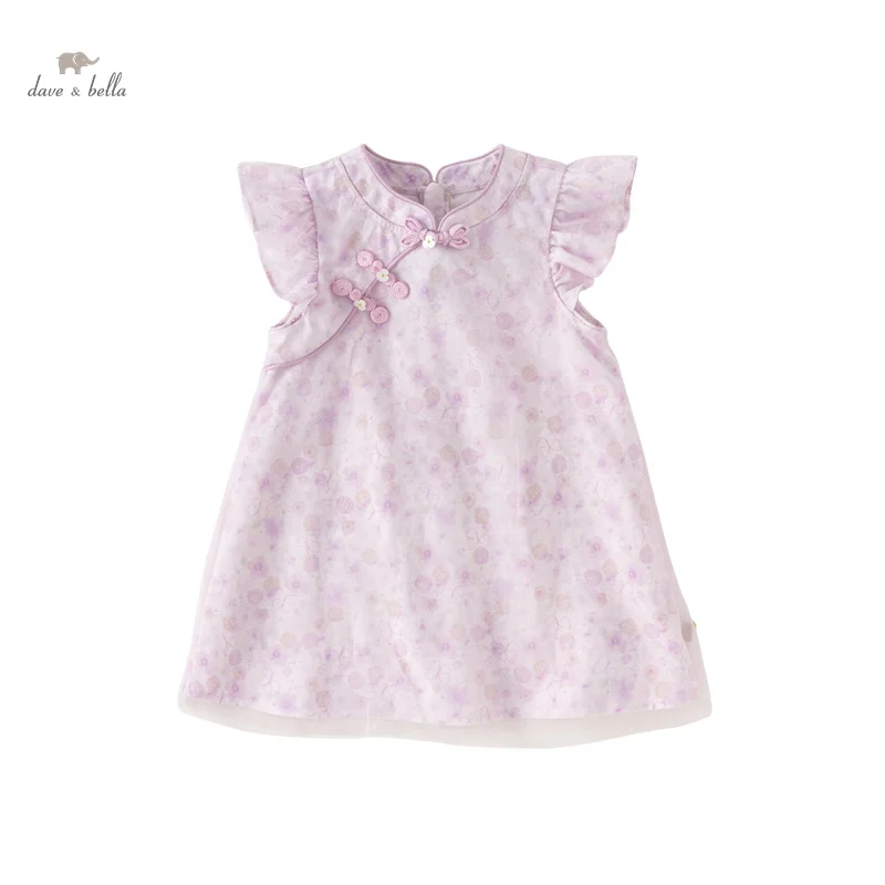 Dave Bella Girl's Princess Dress 2024 New Summer Children's Baby Short Sleeve Floral Noble Cute Sweet Charm Party DB2241021