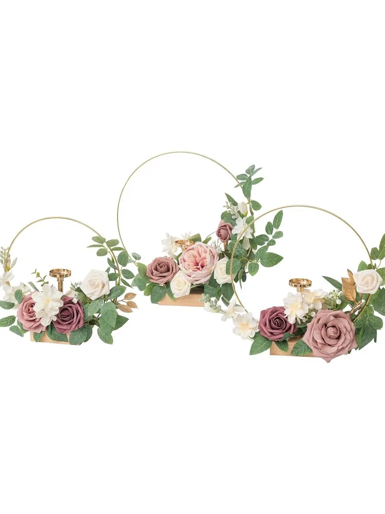 

Candle Holder Hoop Wreath Floral Centerpieces for Sweetheart Table, Head Table Ceremony Reception Artificial Flowers Decorations