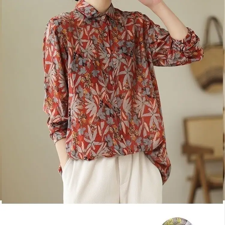 Retro Design Niche Loose Slimming Floral Long Sleeved Shirt Women\'s Spring and Autumn Collar Versatile Casual Long Sleeves Shirt