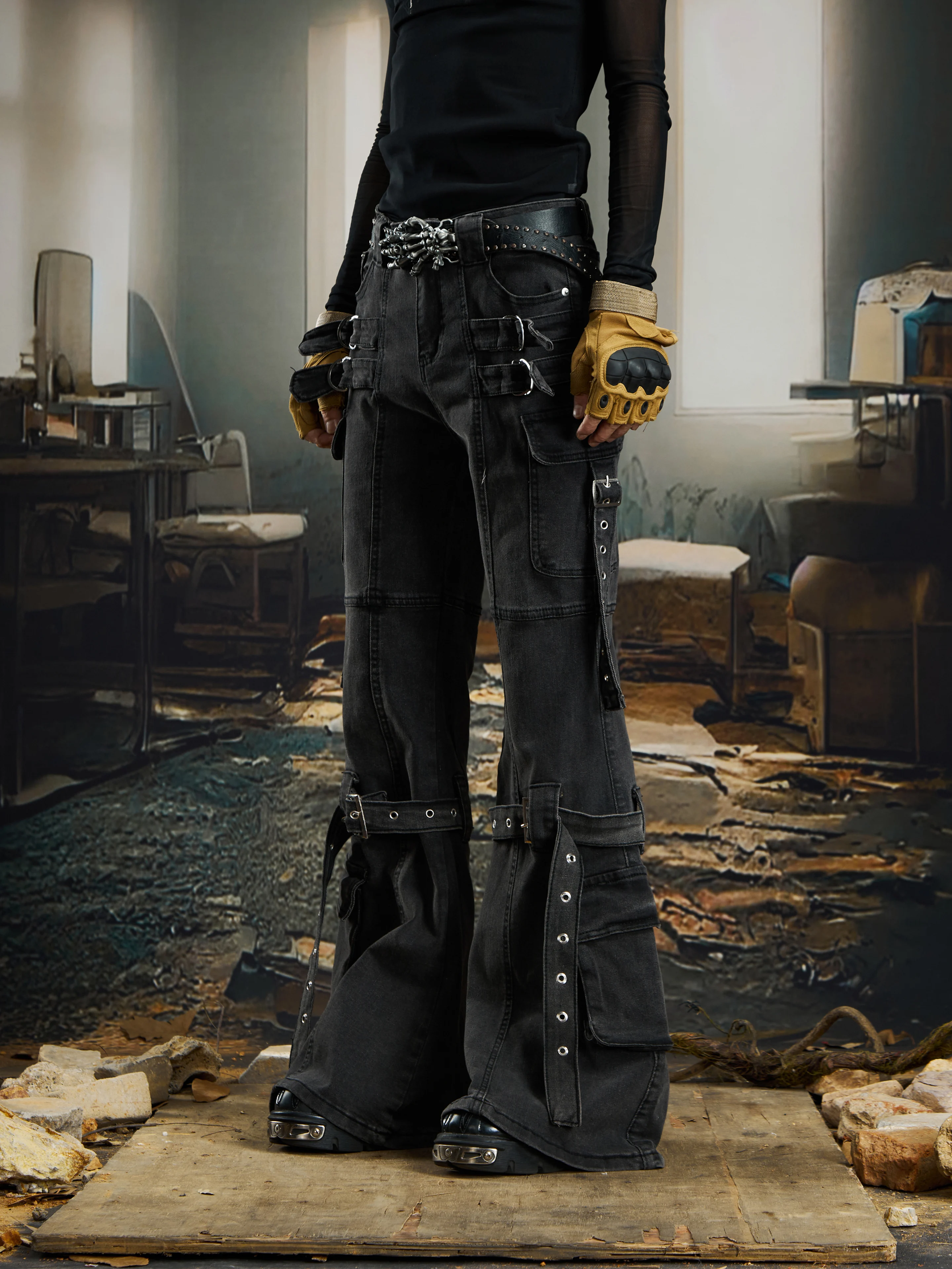 

Special-Interest Design Dark Niche Deconstruction Stitching Ribbon Bootcut Trousers Jeans for Men and Women