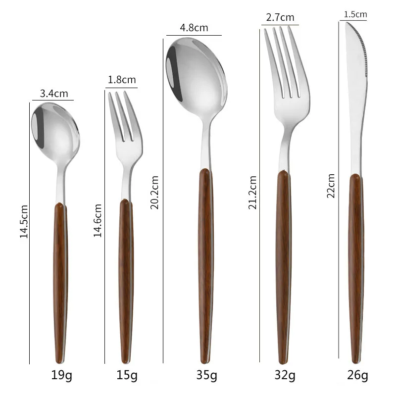 

5PCS Stainless Steel Imitation Wooden Handle Cutlery Set Durable Western Tableware Knife Fork Dessert Spoon Kitchen Flatware Set