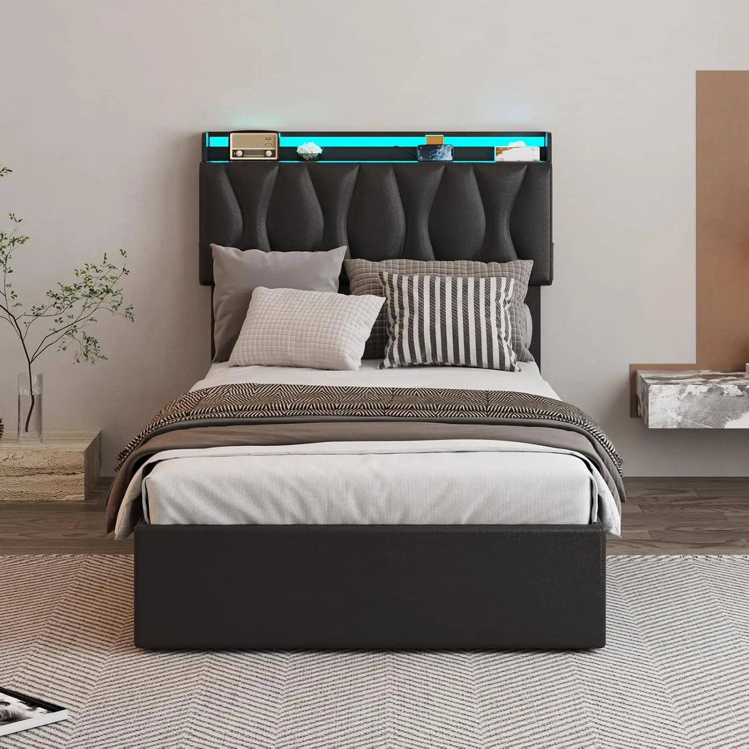 Noise Twin Size Lift Up Storage Bed Frame with Adjustable Headboard, Charging Station, LED Lights, Wood Slats, Noise-Free - Aliexpress Deal