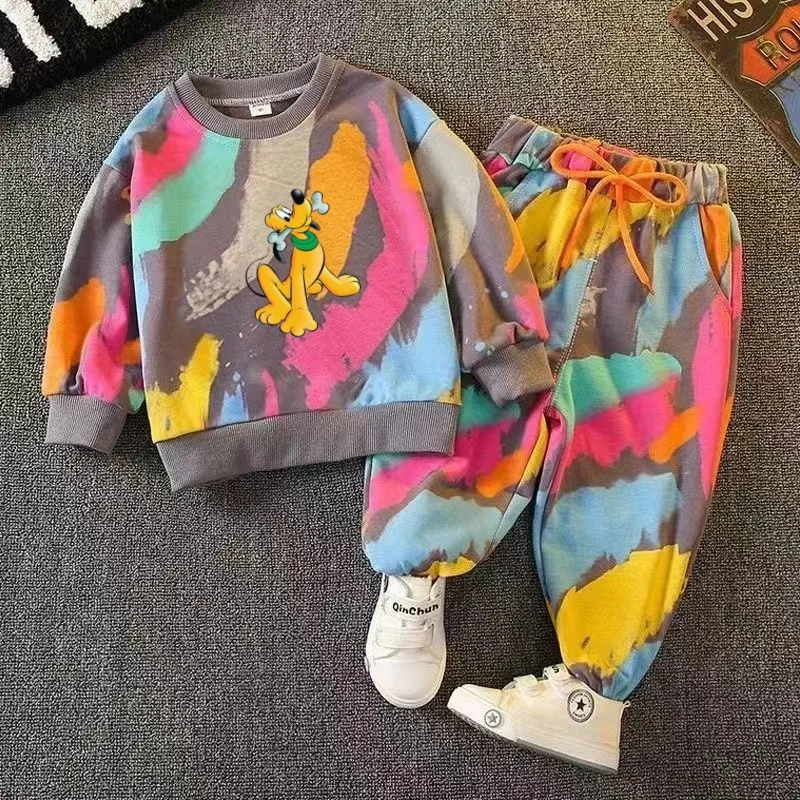 

Disney Autumn Baby Girls Clothes Set Kid Cartoon Pluto Printed Sweatshirts Top And Pants 2pcs Suit Children Boy Tie Dye Outfits