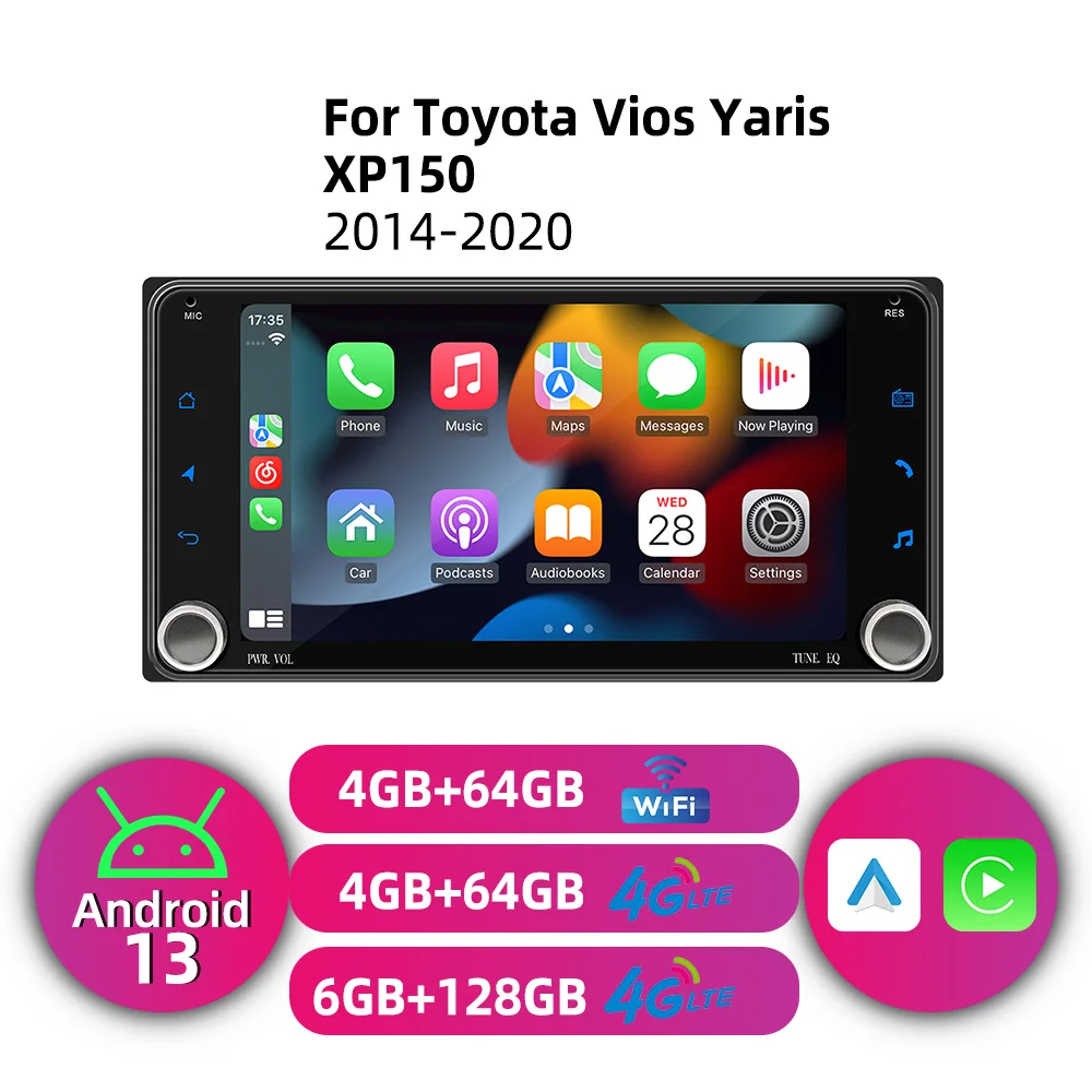 

Автомобильное радио 2 Din для Toyota Vios Yaris XP150 2014-2020, мультимедийный беспроводной Carplay и Android Auto, 7-дюймовый Android-головное устройство, стерео GPS