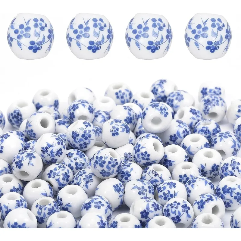 

200Pcs Round Porcelain Beads Ceramic Loose Handmade Porcelain Printed Round Spacer Bead for DIY Jewelry Making