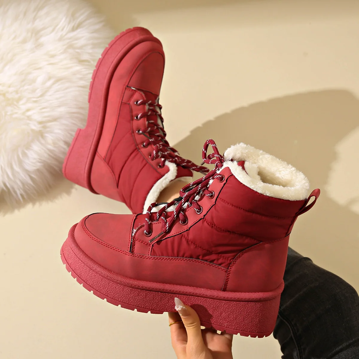 

2026 Winter Thick Plush Warm Snow Boots for Women Fashion Lace Up Thick Bottom Ankle Boots Woman Down Cotton Platform Red Shoes