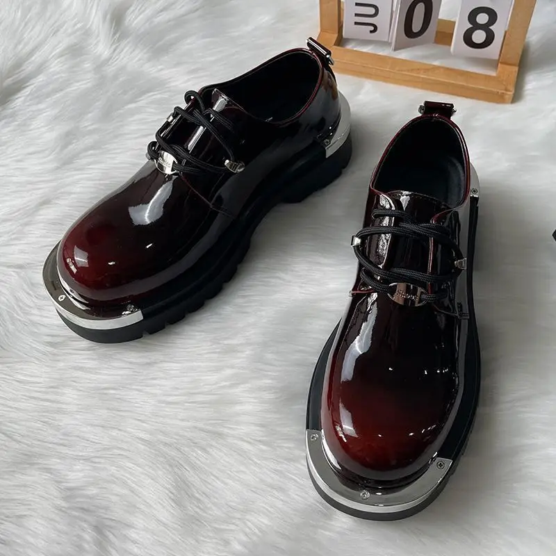 

2026 New Men's Round-headed Platform Shoes High-quality Men's Punk Patent Leather Glossy Lace-up Casual Shoes Men's Shoes