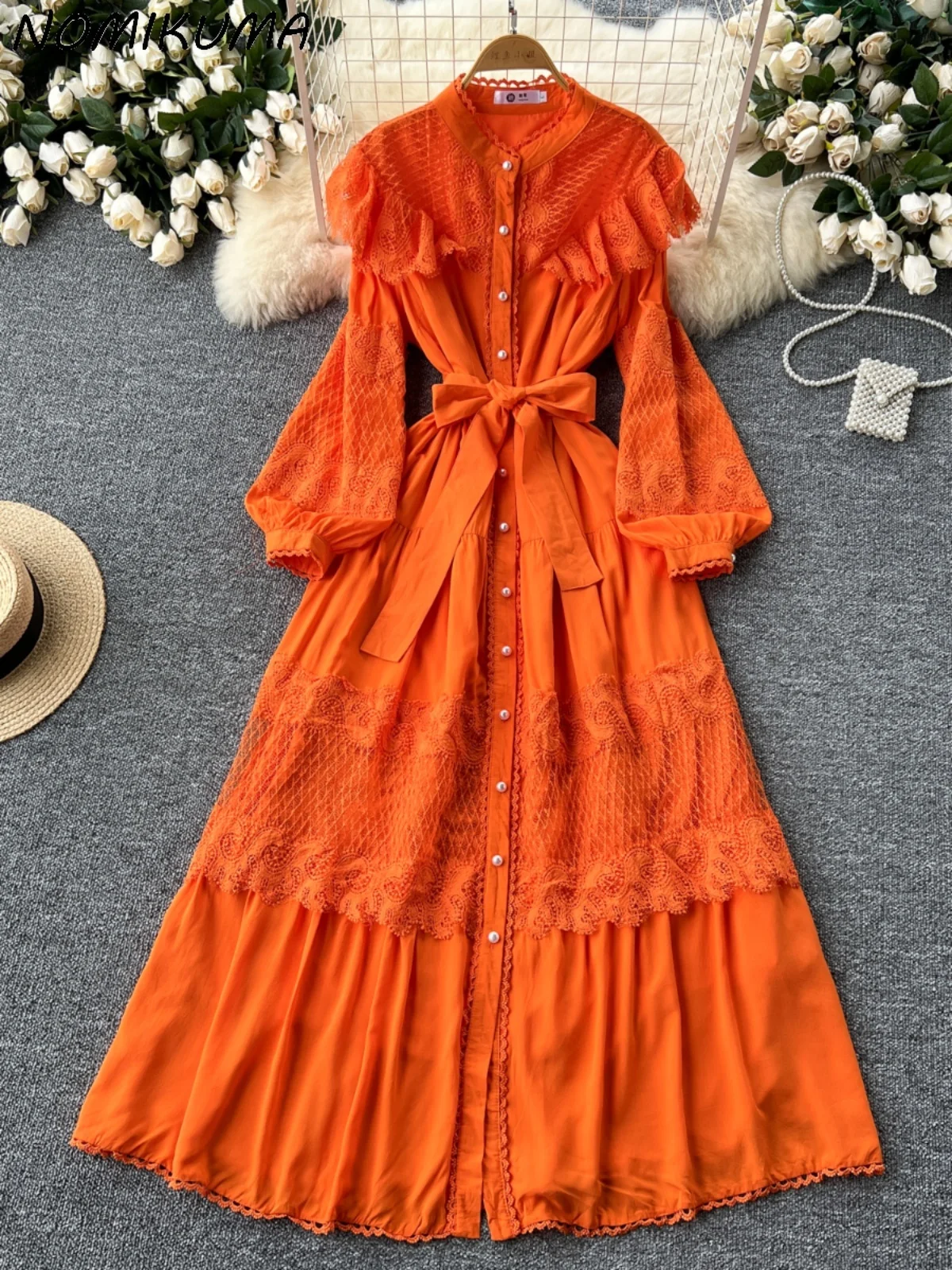 

Nomikuma French Retro Style Lace Embroidered Slim Waist Long Dress for Women Standing Collar Single Breasted A-line Vestidos