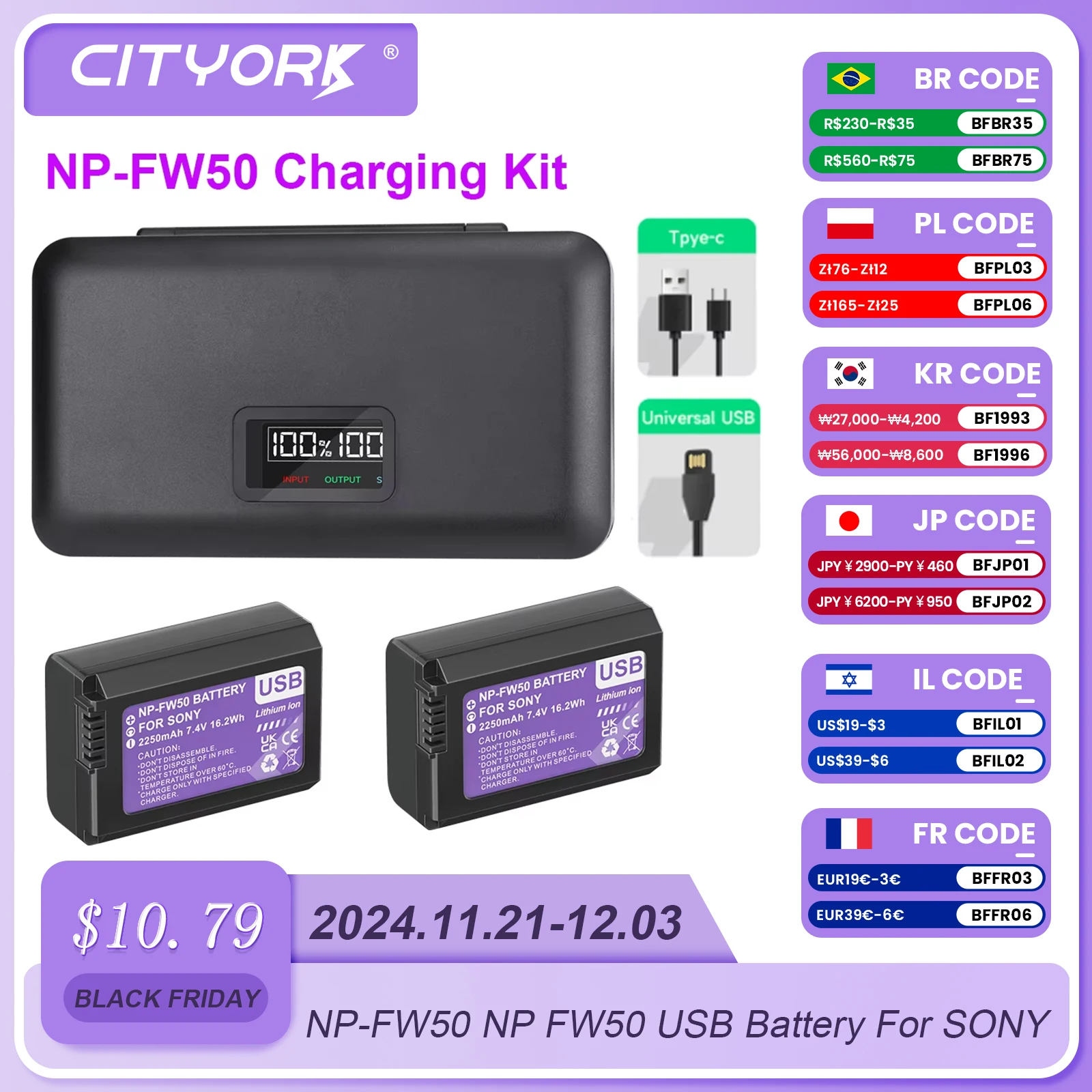 NP-FW50 NP FW50 USB Battery+LCD USB Charger Box for Sony Alpha a6500 a6300 a6000 a5000 a3000  A7 A7M2 A7R 7SM2 7M2 ZV-E10 E10L