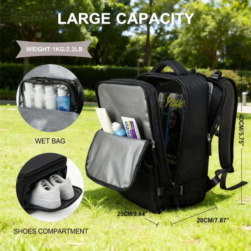 男性用および女性用のトラベルバックパック、航空会社承認済みのラップトップバックパック、15.6インチに適しています、防水パーソナルウエストバッグ、