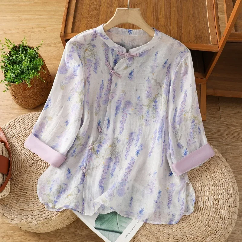 

Chinese Style Women's Blouses Printed Shirts Fashion Loose Summer Clothing Short-sleeved Korean Cotton Linen Women Tops