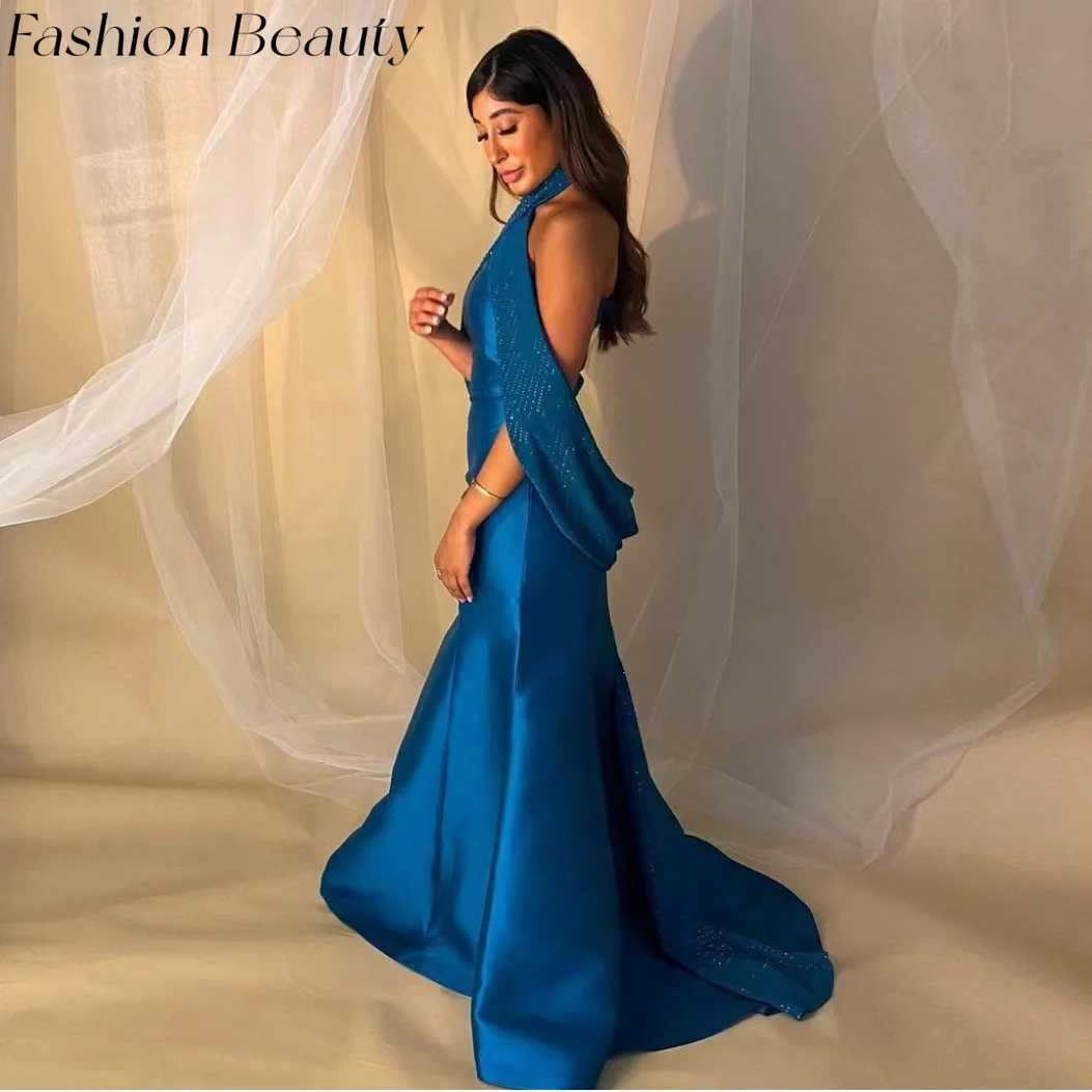 

Fashion Beauty Royal Blue Satin Evening Dresses Halter Neck Bead Floor-Legnth Elegant Party Dress For Women 2024 robes de soirée