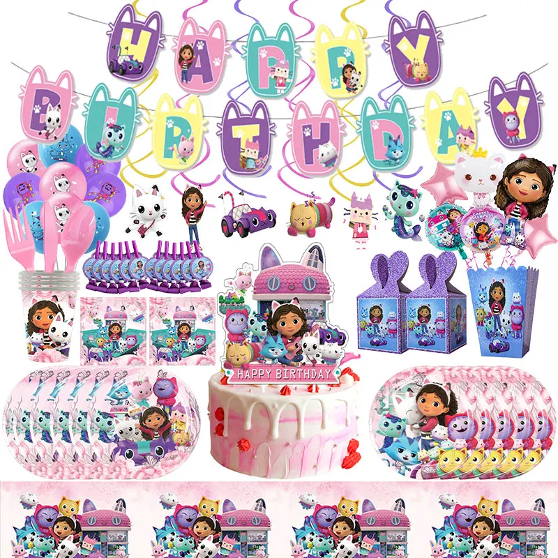 Gabby casa de bonecas decoração de aniversário talheres descartáveis kit guardanapos copos toalha de mesa balões para crianças festa de aniversário
