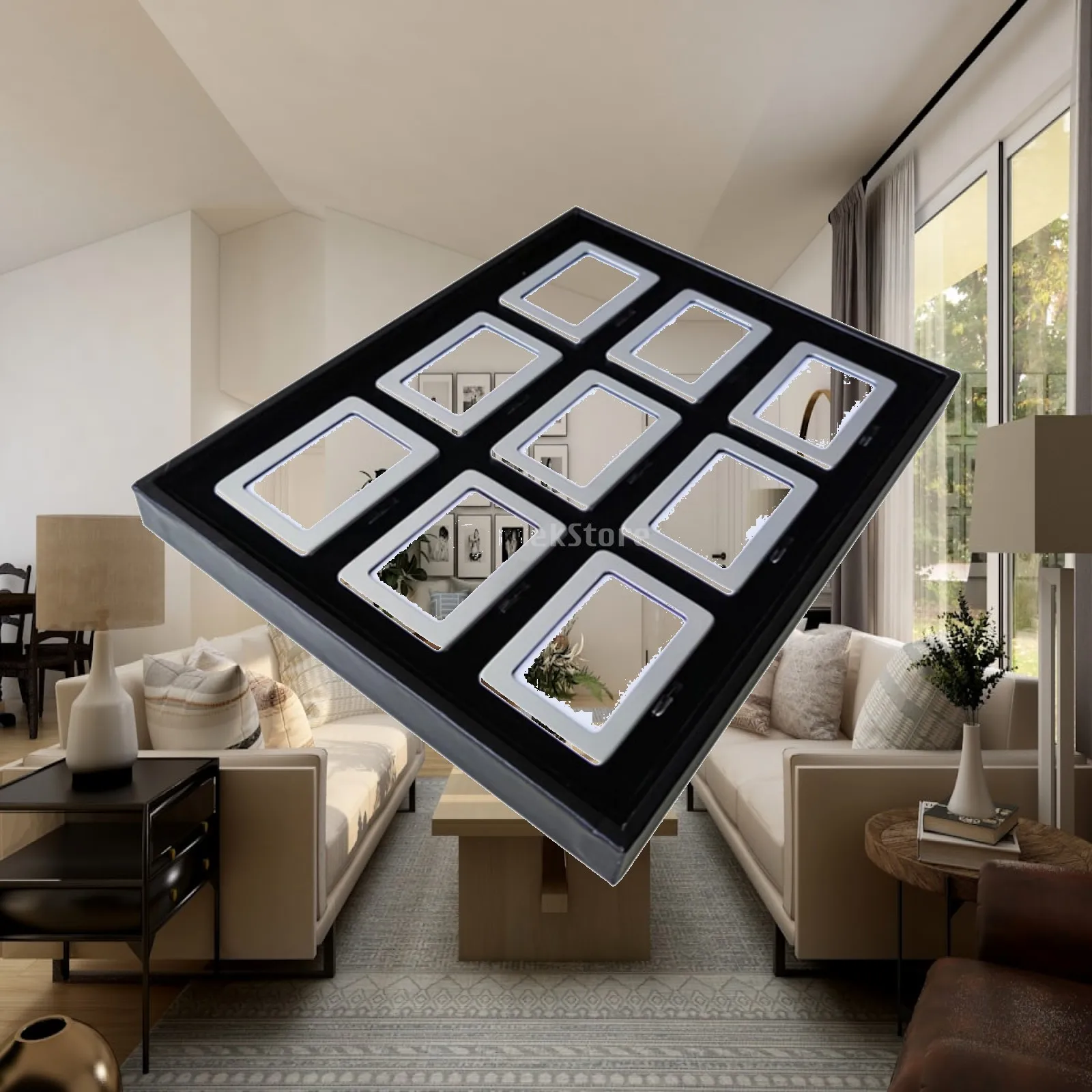 Jewelry Box Organizer with Sleek Black Frame Nine Cubby Velvet Interior Glass Top Tray for Counter Display and Jewelry Storage