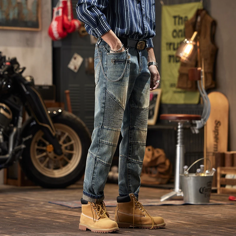 Pantalones vaqueros de retazos Retro nostálgicos para hombre, Pantalones rectos sueltos Punk gruesos, pantalones plisados personalizados para motocicleta