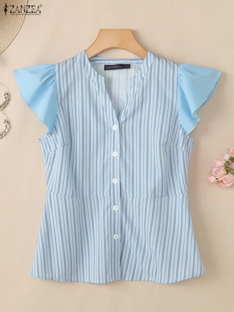 ZANZEA Elegante Shirts Büro Frauen Bluse Sommer Kurze Rüschen Ärmel Blusas Stilvolle V-ausschnitt Streifen Tunika Tops Weibliche Chemise