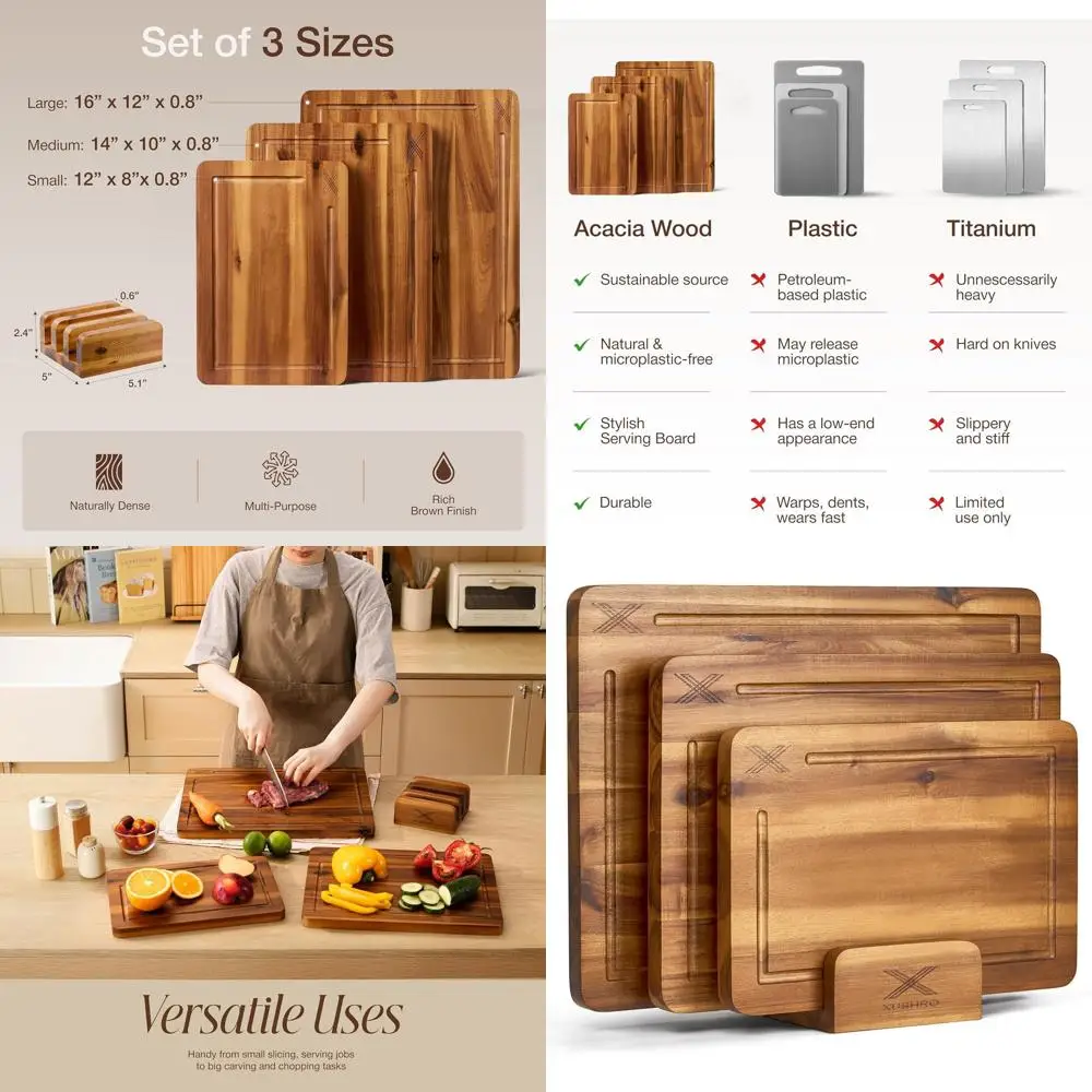 

Set of 3 Acacia Wood Cutting Boards - Thick, Deep Juice Groove, Non-Slip, Non-Toxic for Meat & Veggie Prep