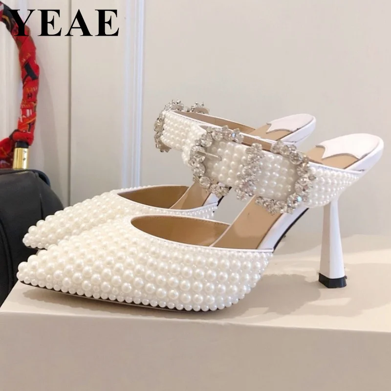 New Women Sandals Fashion Full White Pearl Stud Wedding Shoes Bride Women Luxury Peep Toe High Heels Buckle Woman Party Sandals