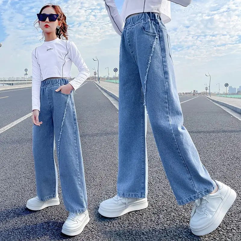 IENENS High Waist Jeans Girl Straight Loose Wide-leg Pants Spring and Autumn Korean Baggy Jeans Fashion Kids Denim Trousers