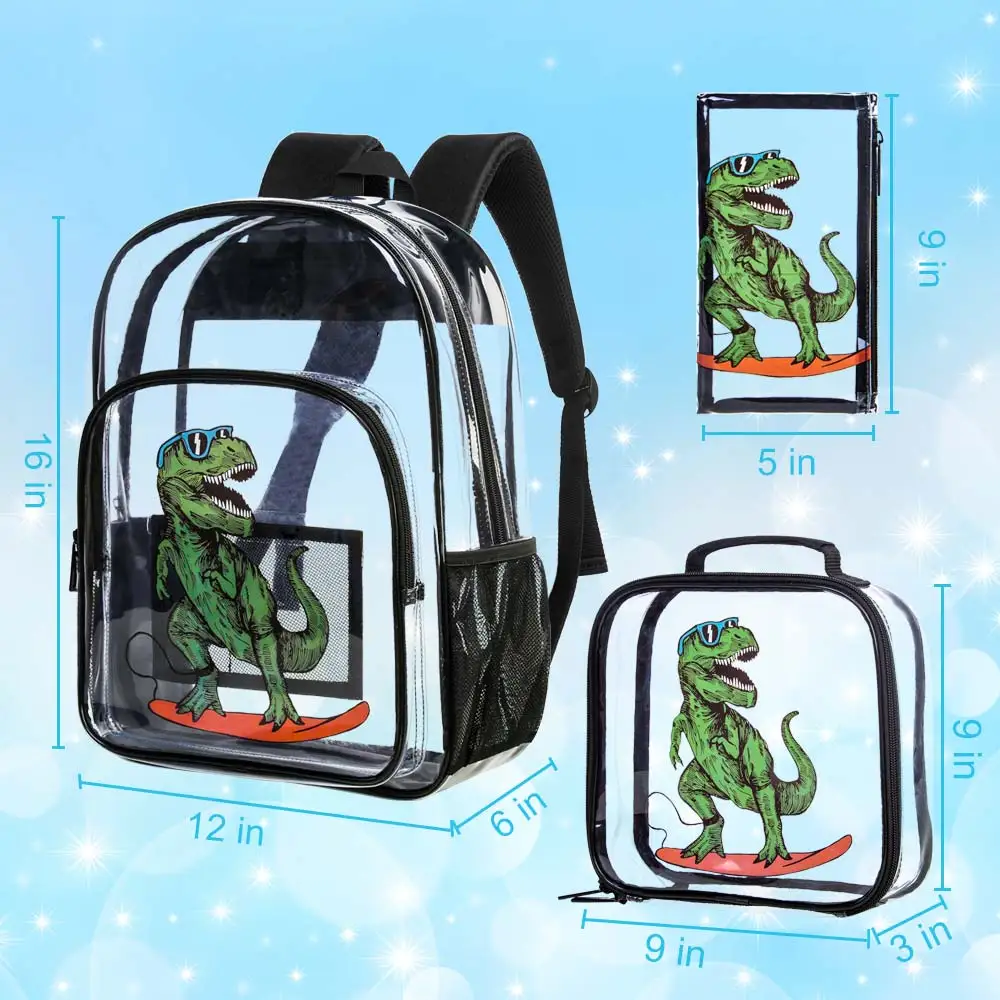 3 Buah Tas Ransel Transparan untuk Anak Laki-Laki, Tas Buku Transparan Motif Dinosaurus, Tas Ransel Tembus Pandang yang Lucu dengan Tas Makan Siang